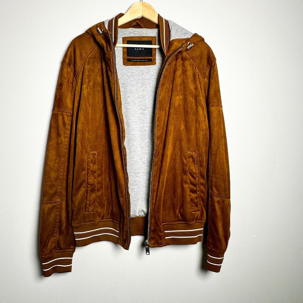 Zara Men's Faux Suede Brown Varsity Bomber Jacket w Hoodie Sz Medium - Picture 2 of 11